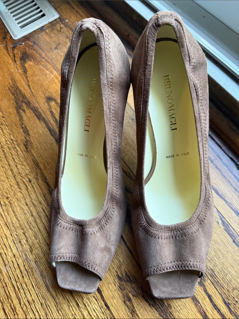 Bruno Magli Taupe Suede Peep-Toe Pumps